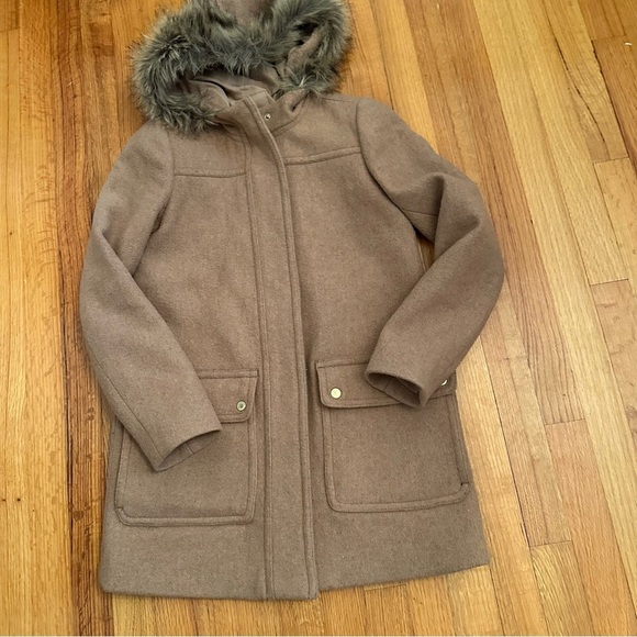 J. Crew Mercantile Sz 00 Tan Wool Blend Vail Coat Fur Trim Hood Preppy Heritage - Picture 4 of 12